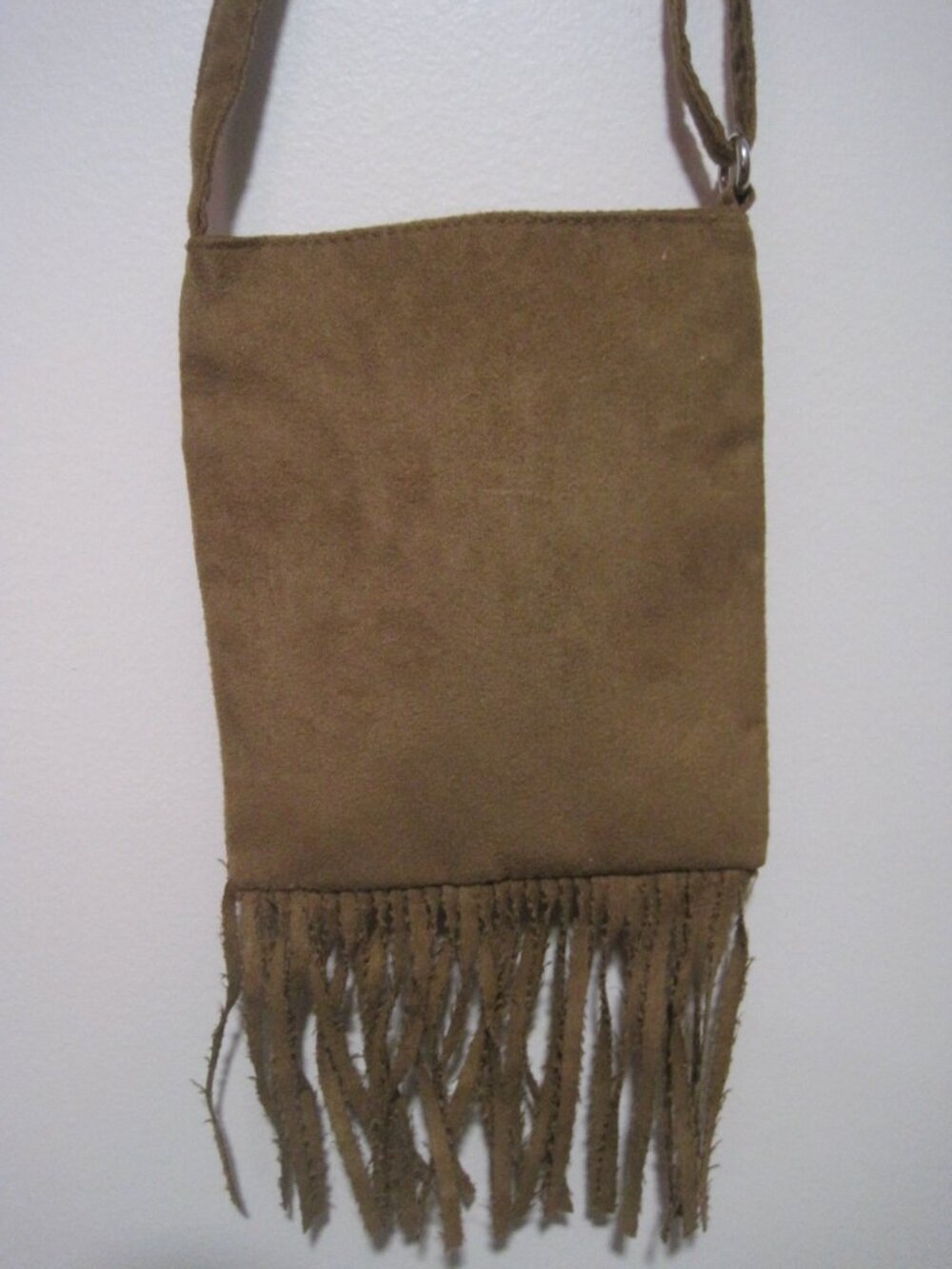 Justice Brown Suede Crossbody Shoulder Bag Hippie Peace Sign Fringe Whipstitch - Picture 4 of 4